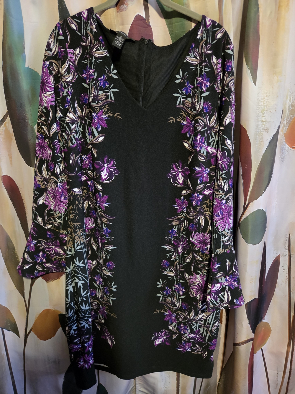 INC International Concepts Black Long Sleeve Dress with Purple Floral Print